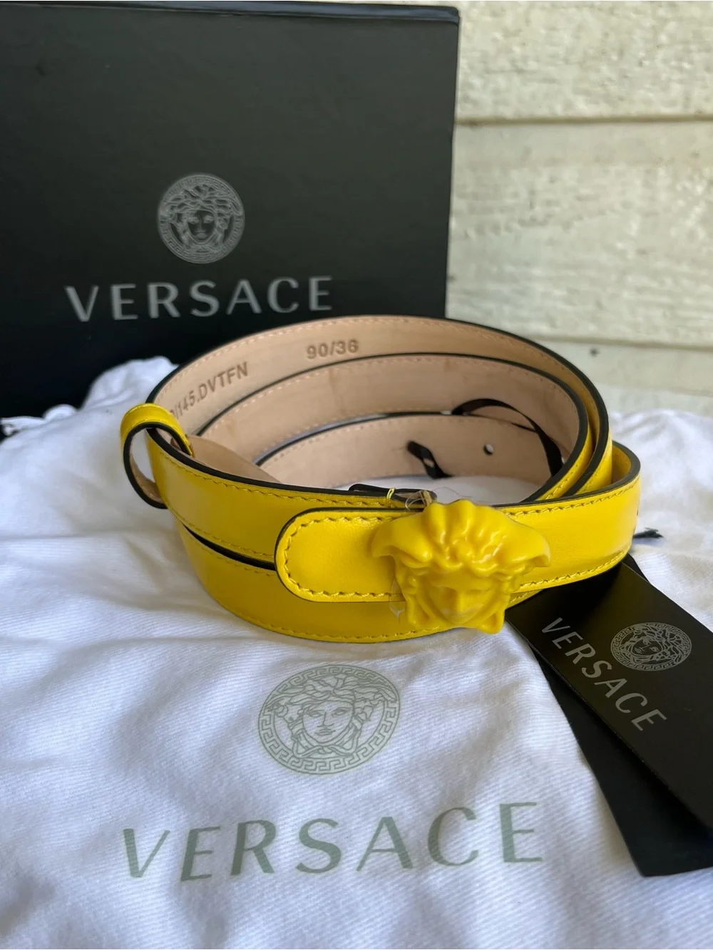 NWT | VERSACE Yellow Butter Medusa Leather Belt Medallion Buckle sz. M